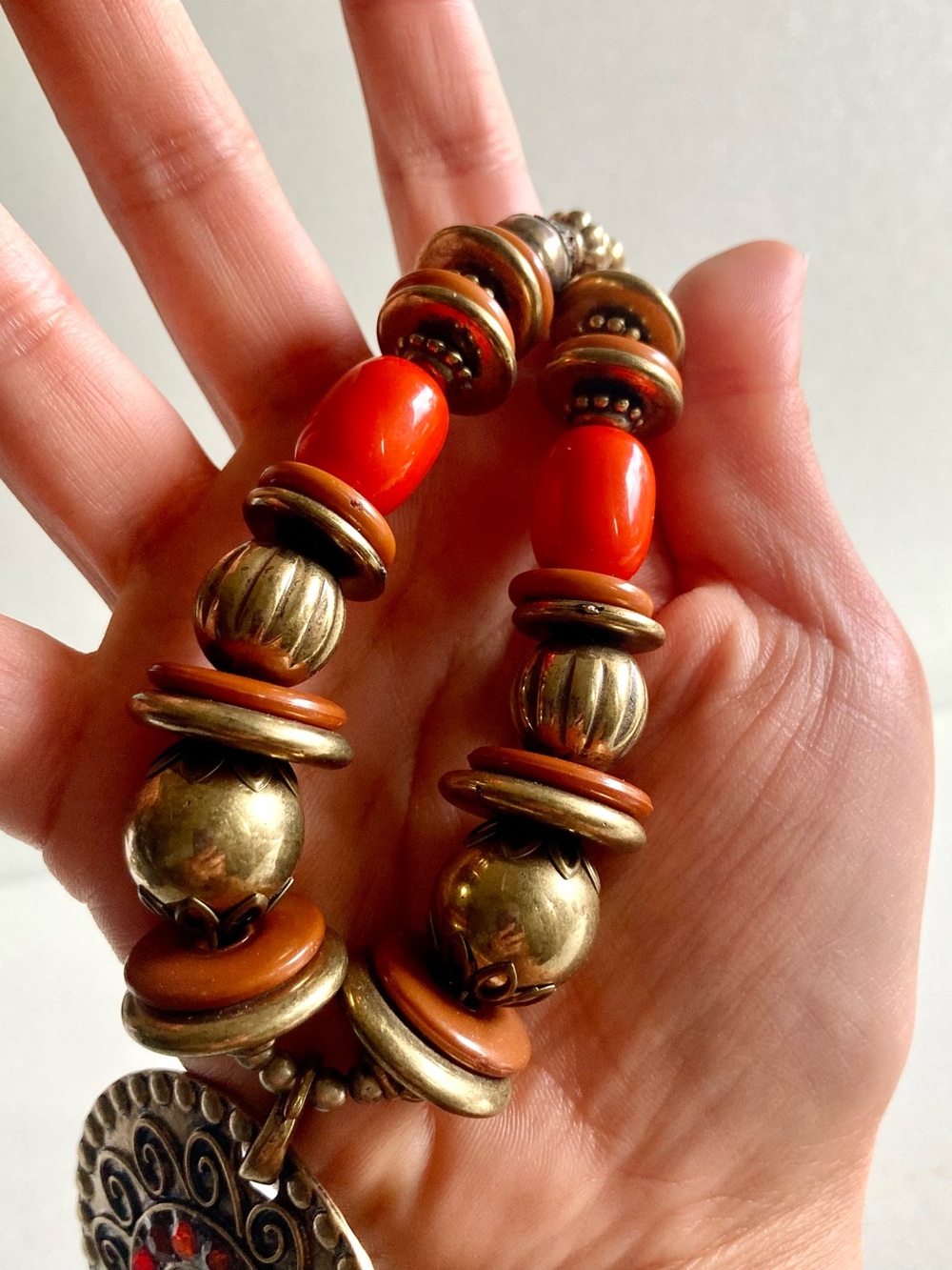 Boho Red and Gold Statement Pendant Necklace - Picture 4 of 7